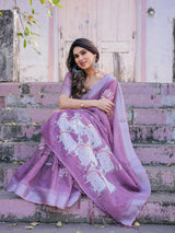 Elegant Mauve Linen Saree with White Lotus Print & Silver Zari Border