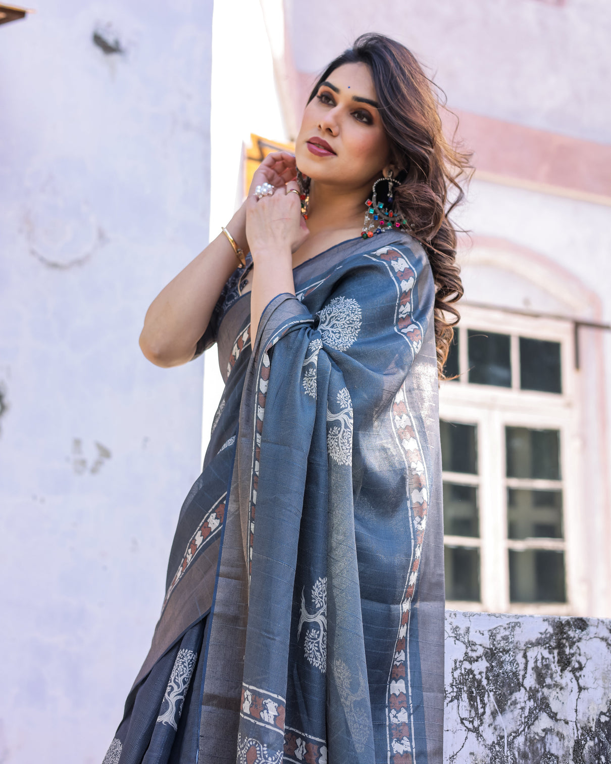Elegant multicolor linen saree with traditional patterns lightweight festive wear