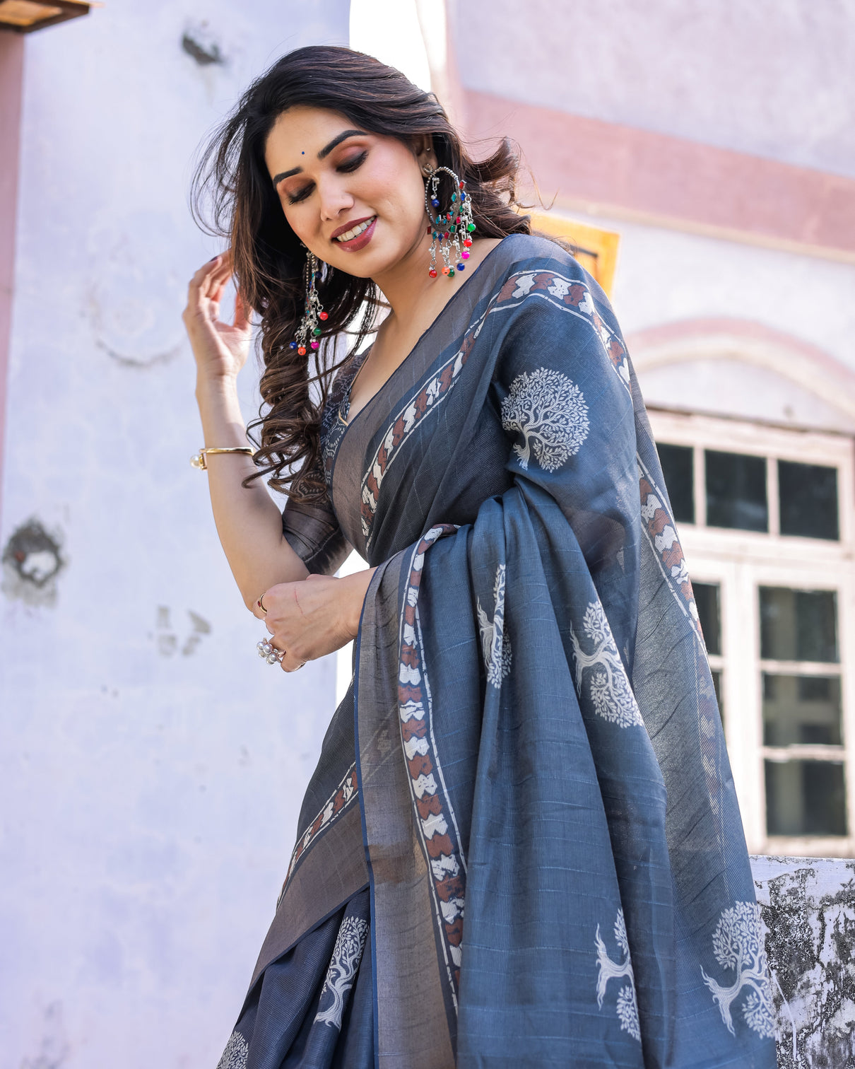 Elegant multicolor linen saree with traditional patterns lightweight festive wear