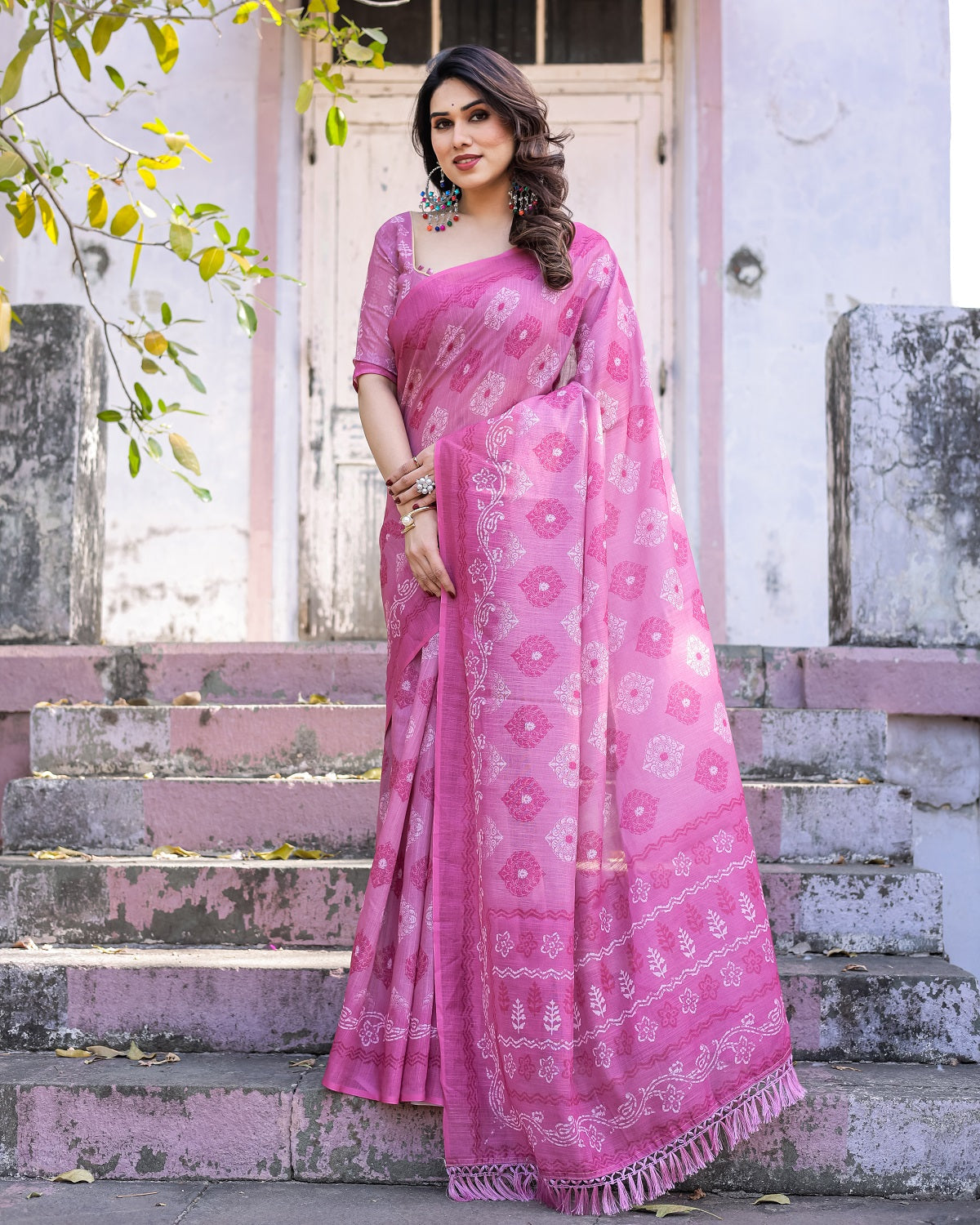 Elegant Pink Linen Saree with White Lotus Print & Silver Zari Border