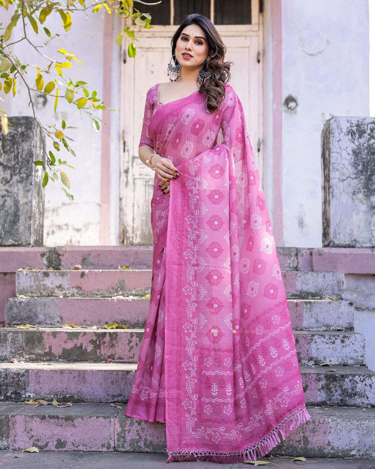Elegant multicolor linen saree with traditional patterns lightweight festive wear mameraa