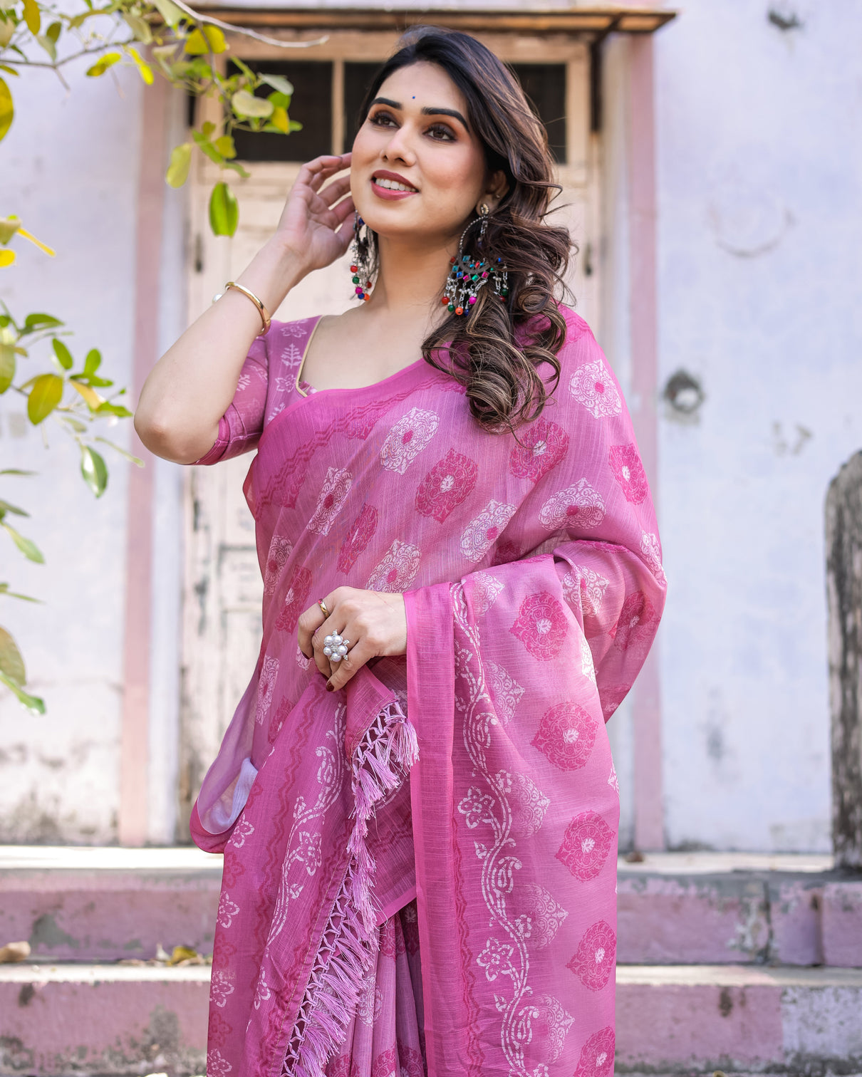 Elegant multicolor linen saree with traditional patterns lightweight festive wear