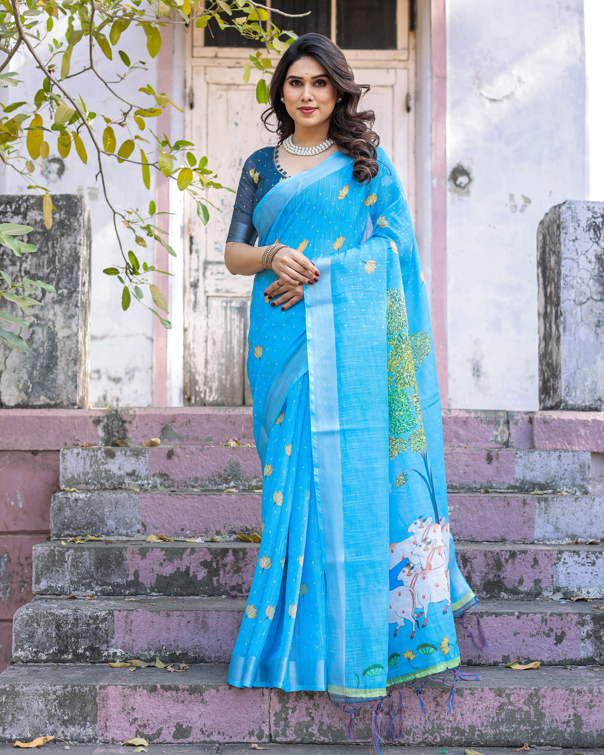 Elegant multicolor linen saree with traditional patterns lightweight festive wear mameraa