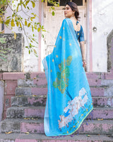 Elegant Sky Blue Linen Saree with White Lotus Print & Silver Zari Border