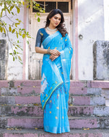 Elegant Sky Blue Linen Saree with White Lotus Print & Silver Zari Border
