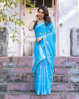 Elegant Sky Blue Linen Saree with White Lotus Print & Silver Zari Border