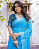 Elegant Sky Blue Linen Saree with White Lotus Print & Silver Zari Border