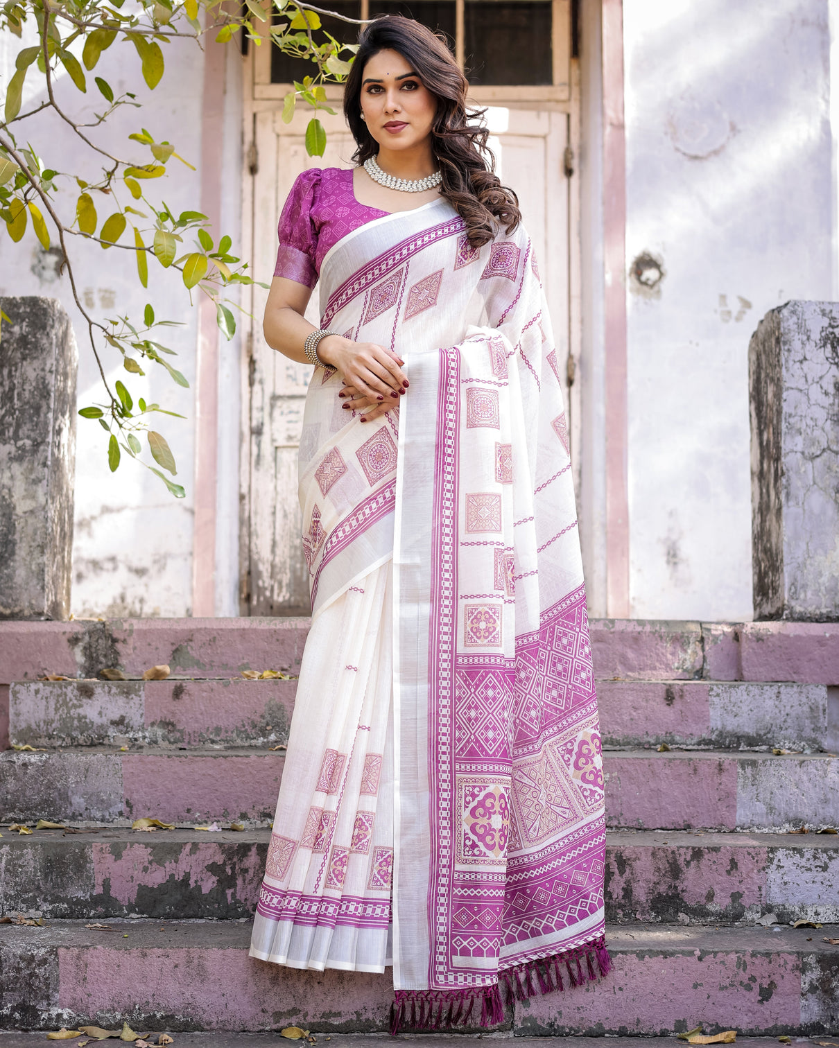 Elegant multicolor linen saree with traditional patterns lightweight festive wear mameraa