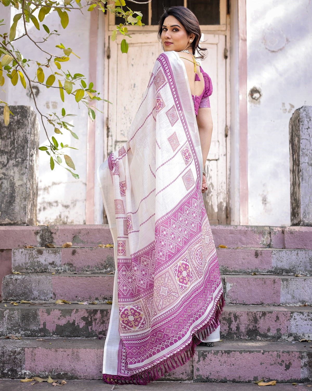 Elegant Off White Linen Saree with White Lotus Print & Silver Zari Border