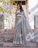 Elegant Grey Linen Saree with White Lotus Print & Silver Zari Border
