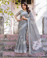 Elegant Grey Linen Saree with White Lotus Print & Silver Zari Border