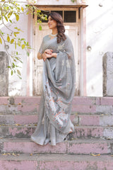 Elegant Grey Linen Saree with White Lotus Print & Silver Zari Border