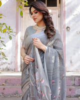 Elegant Grey Linen Saree with White Lotus Print & Silver Zari Border