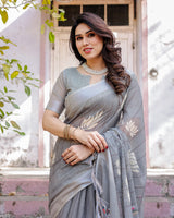 Elegant Grey Linen Saree with White Lotus Print & Silver Zari Border