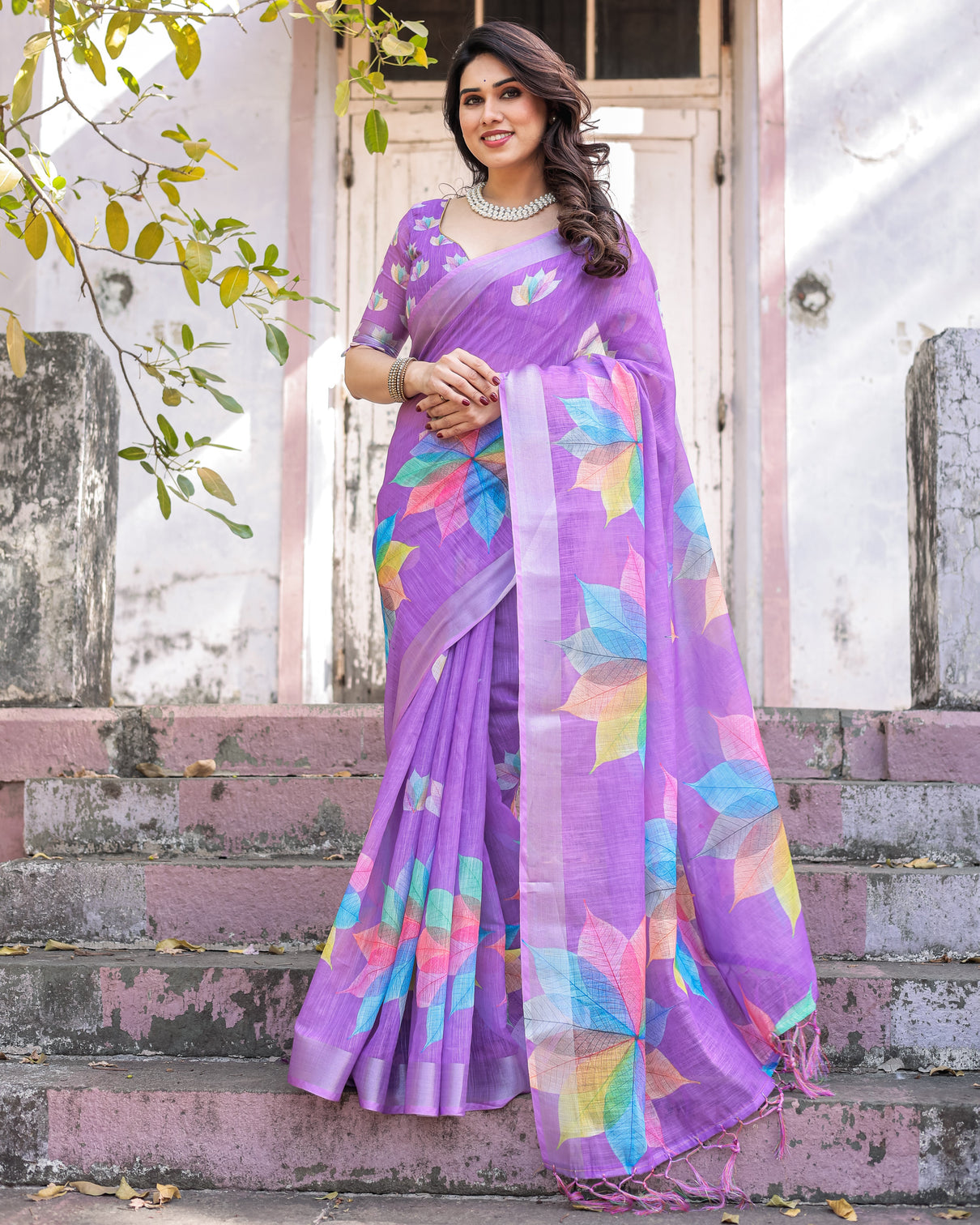 Elegant multicolor linen saree with traditional patterns lightweight festive wear mameraa