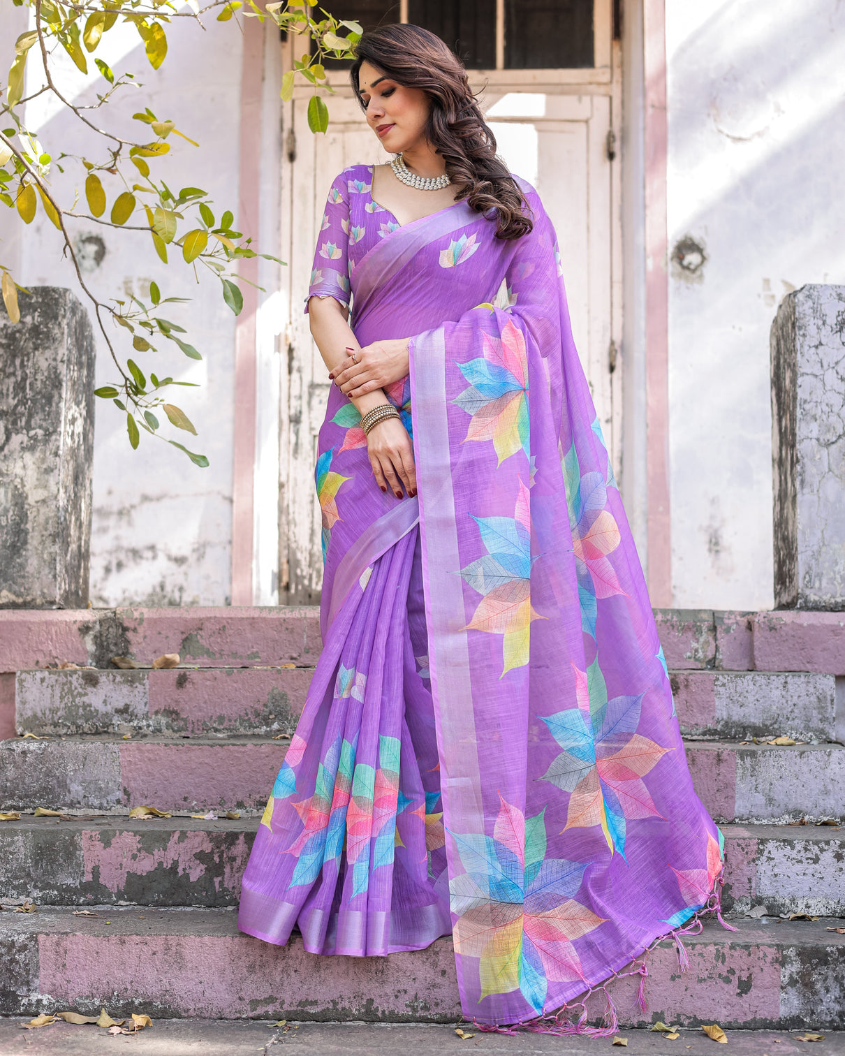 Elegant multicolor linen saree with traditional patterns lightweight festive wear