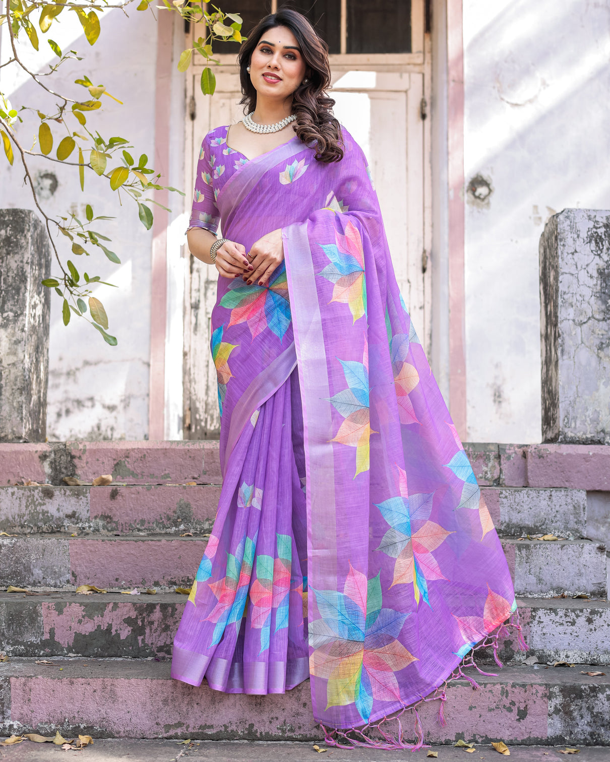 Elegant multicolor linen saree with traditional patterns lightweight festive wear