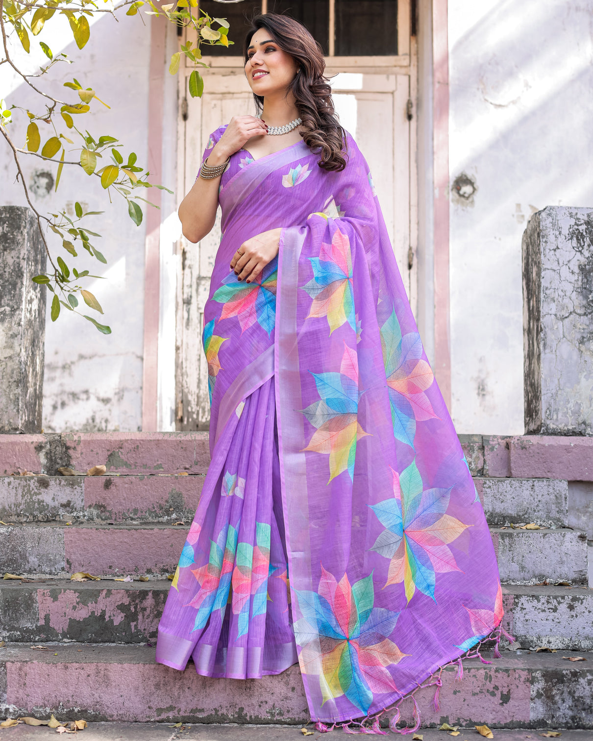 Elegant multicolor linen saree with traditional patterns lightweight festive wear
