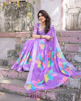 Elegant Multicolor Linen Saree with White Lotus Print & Silver Zari Border
