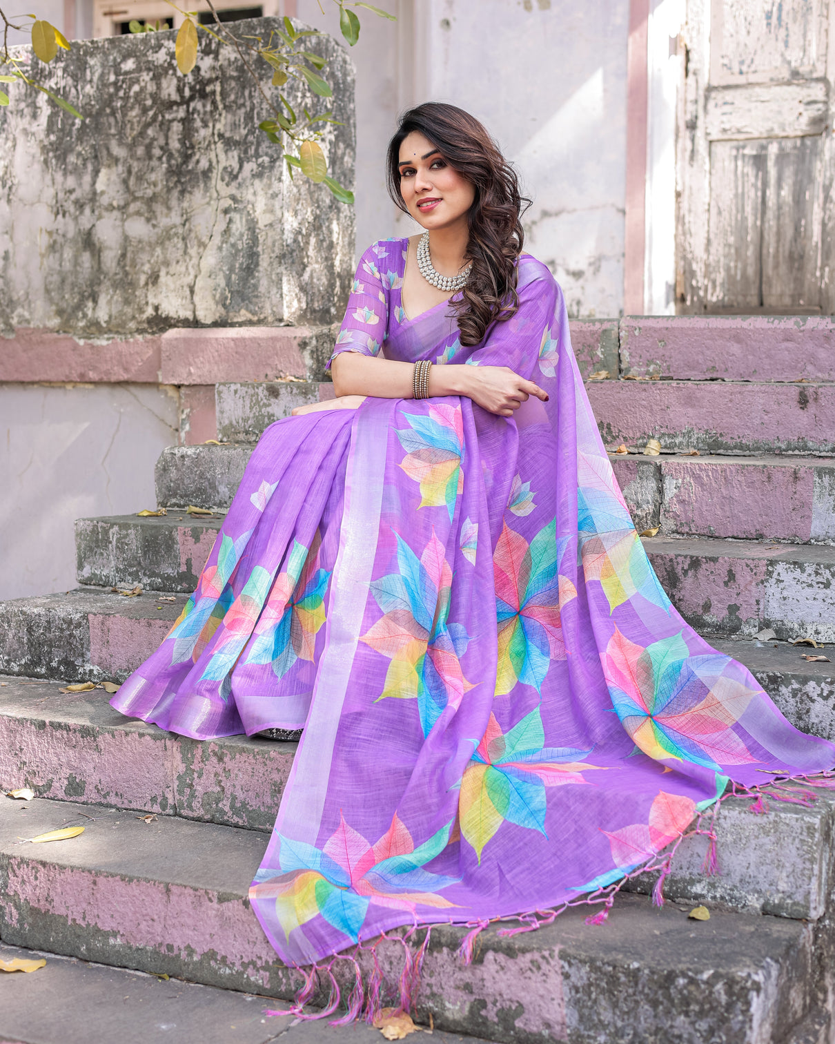 Elegant multicolor linen saree with traditional patterns lightweight festive wear