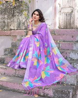 Elegant Multicolor Linen Saree with White Lotus Print & Silver Zari Border
