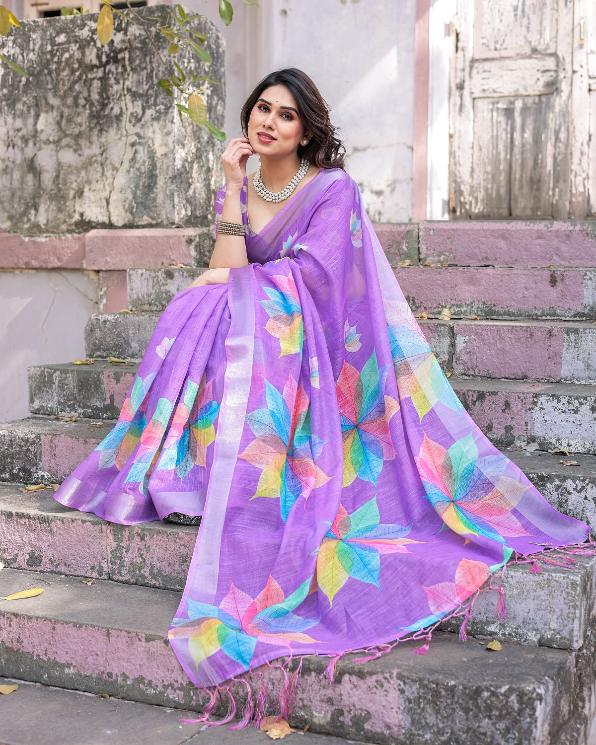 Elegant Multicolor Linen Saree with White Lotus Print & Silver Zari Border