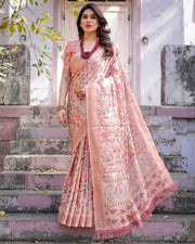 Printed Peach Linen Saree for Women with Multicolor Pallu and Ethnic Border – Lightweight Casual Wear