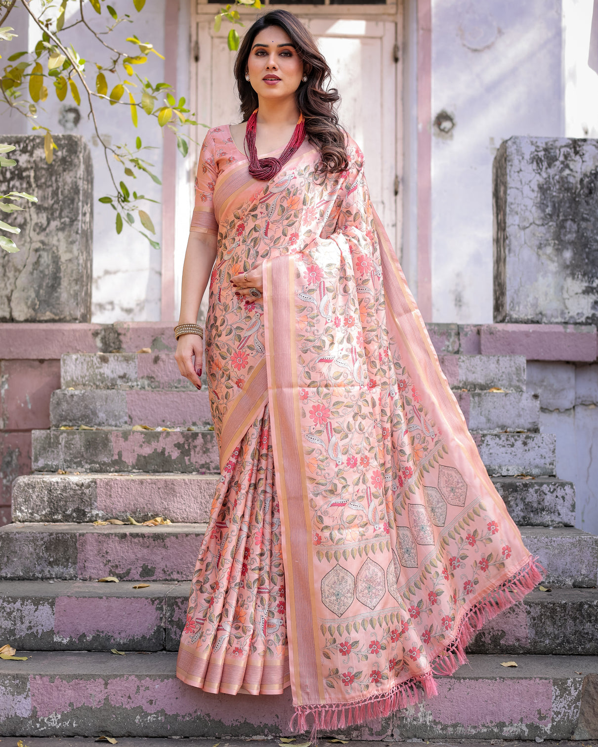 Elegant multicolor linen saree with traditional patterns lightweight festive wear mameraa