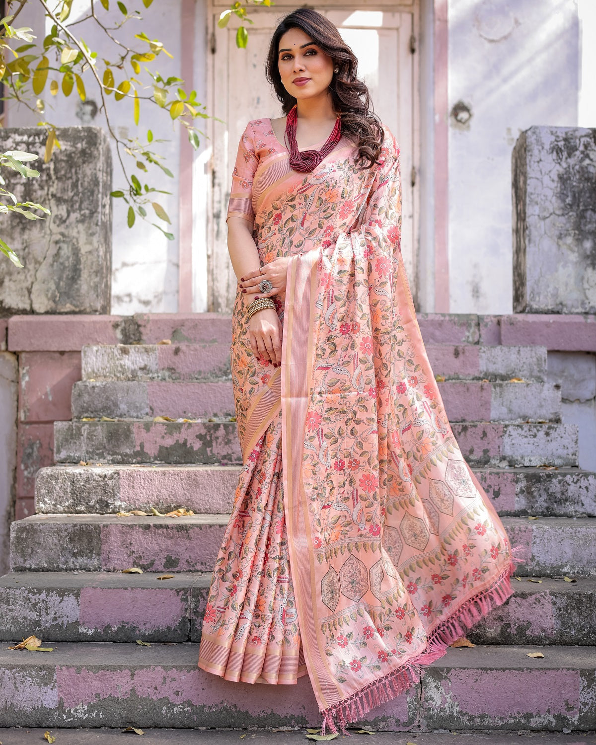 Printed Peach Linen Saree for Women with Multicolor Pallu and Ethnic Border – Lightweight Casual Wear