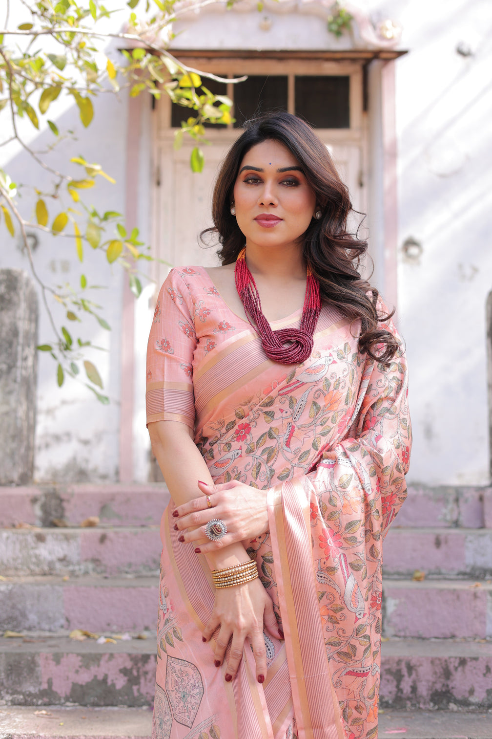 Elegant multicolor linen saree with traditional patterns lightweight festive wear