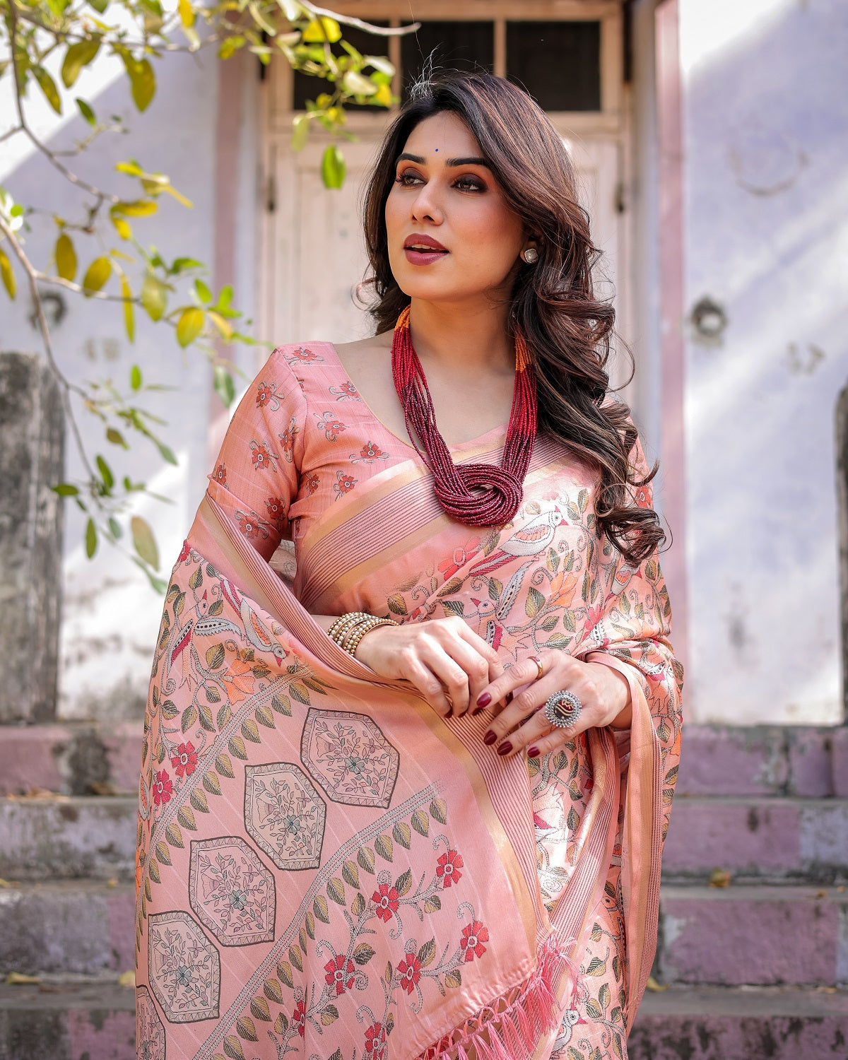 Printed Peach Linen Saree for Women with Multicolor Pallu and Ethnic Border – Lightweight Casual Wear