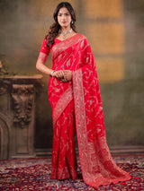 Red Nylon Viscose Pure Saree with Rich Woven Floral Butti Design, Traditional Designer Border, Grand Woven Pallu & Tassel Edges
