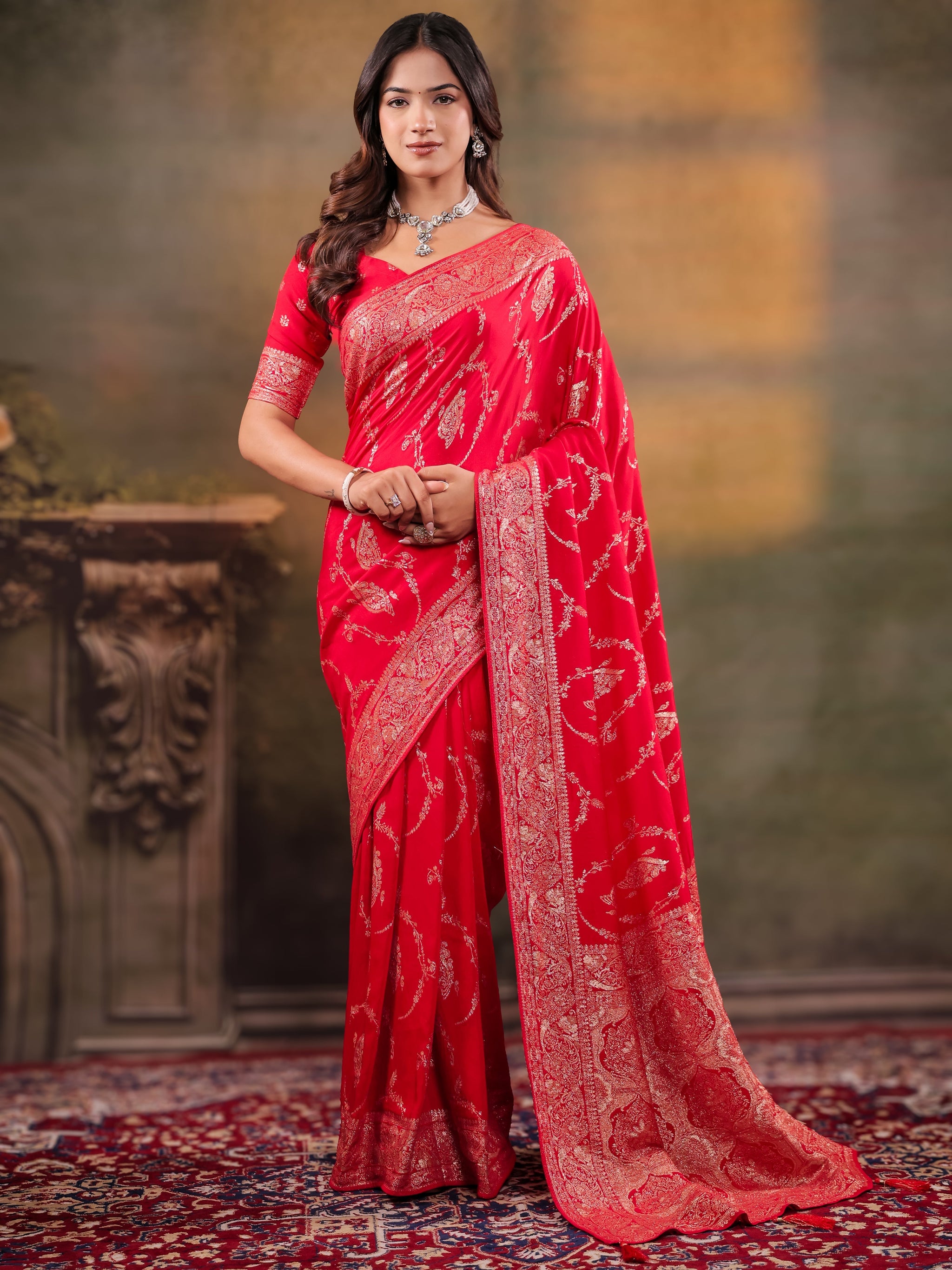 Red Nylon Viscose Pure Saree with Rich Woven Floral Butti Design, Traditional Designer Border, Grand Woven Pallu & Tassel Edges