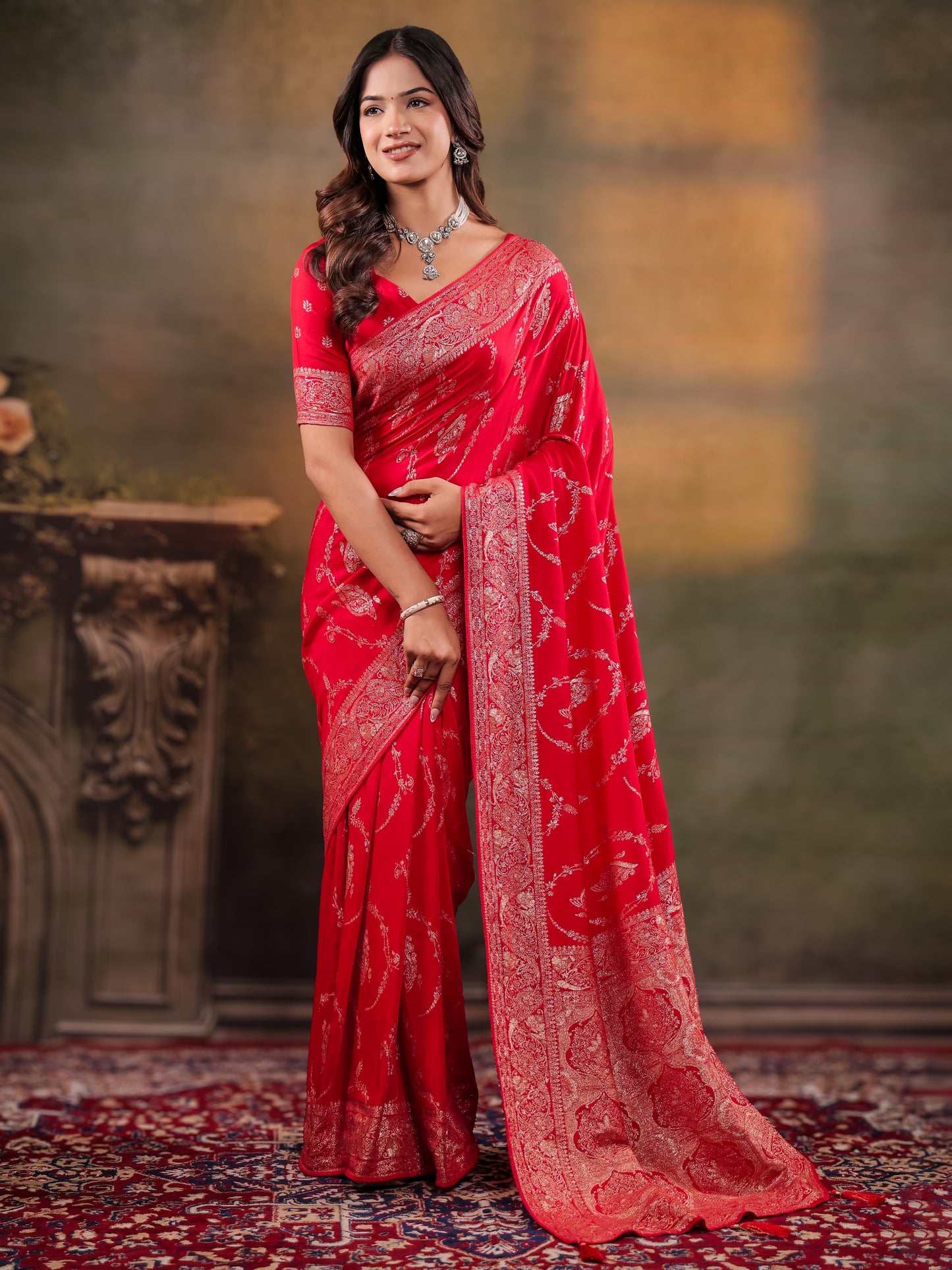 Red Nylon Viscose Pure Saree with Rich Woven Floral Butti Design, Traditional Designer Border, Grand Woven Pallu & Tassel Edges