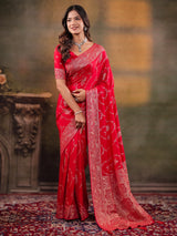 Red Nylon Viscose Pure Saree with Rich Woven Floral Butti Design, Traditional Designer Border, Grand Woven Pallu & Tassel Edges