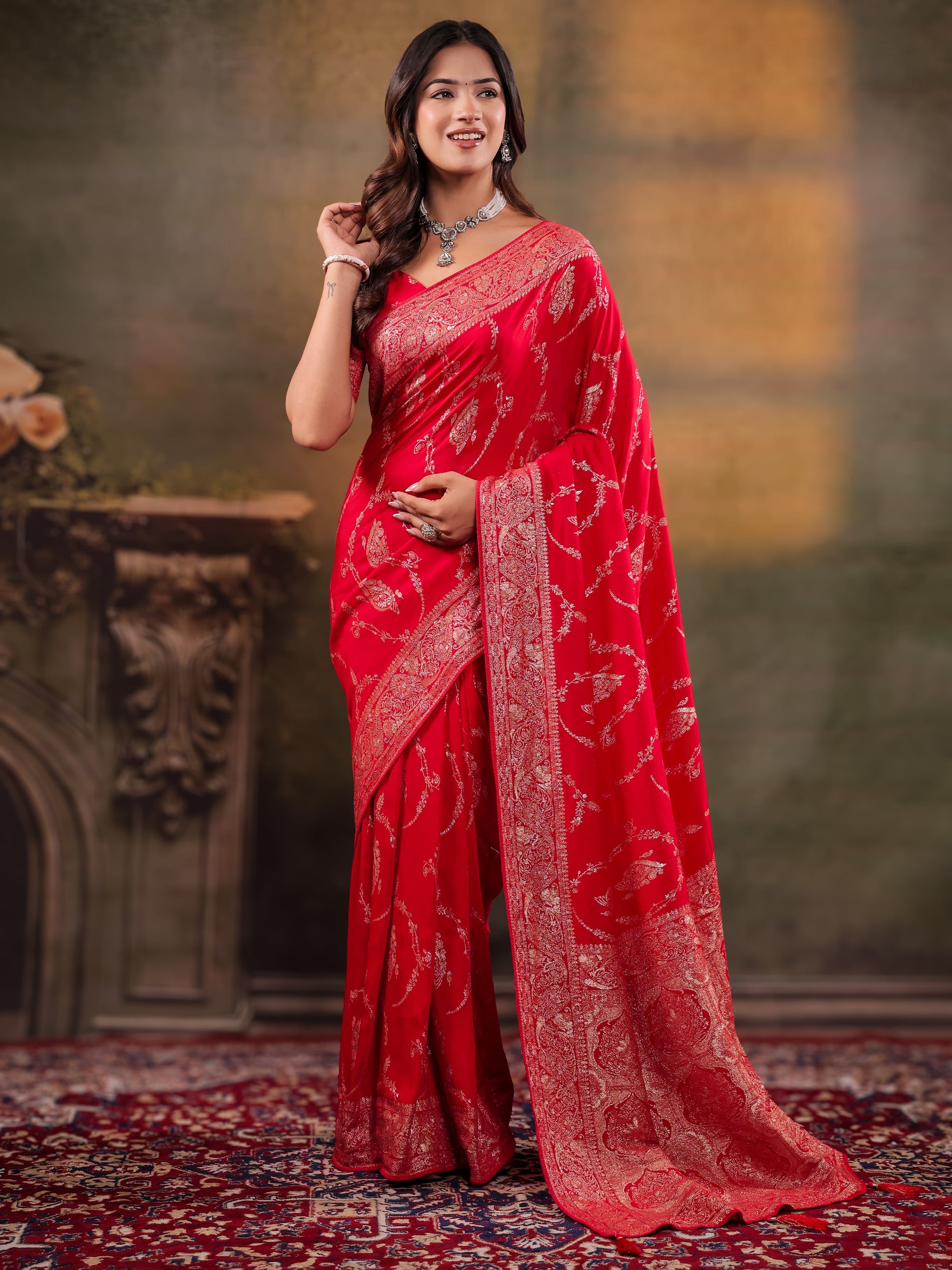 Red Nylon Viscose Pure Saree with Rich Woven Floral Butti Design, Traditional Designer Border, Grand Woven Pallu & Tassel Edges