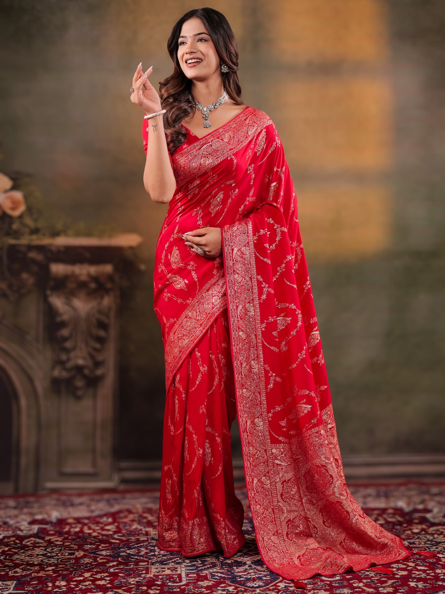 Red Nylon Viscose Pure Saree with Rich Woven Floral Butti Design, Traditional Designer Border, Grand Woven Pallu & Tassel Edges