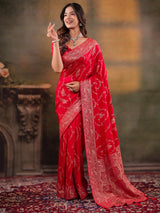 Red Nylon Viscose Pure Saree with Rich Woven Floral Butti Design, Traditional Designer Border, Grand Woven Pallu & Tassel Edges
