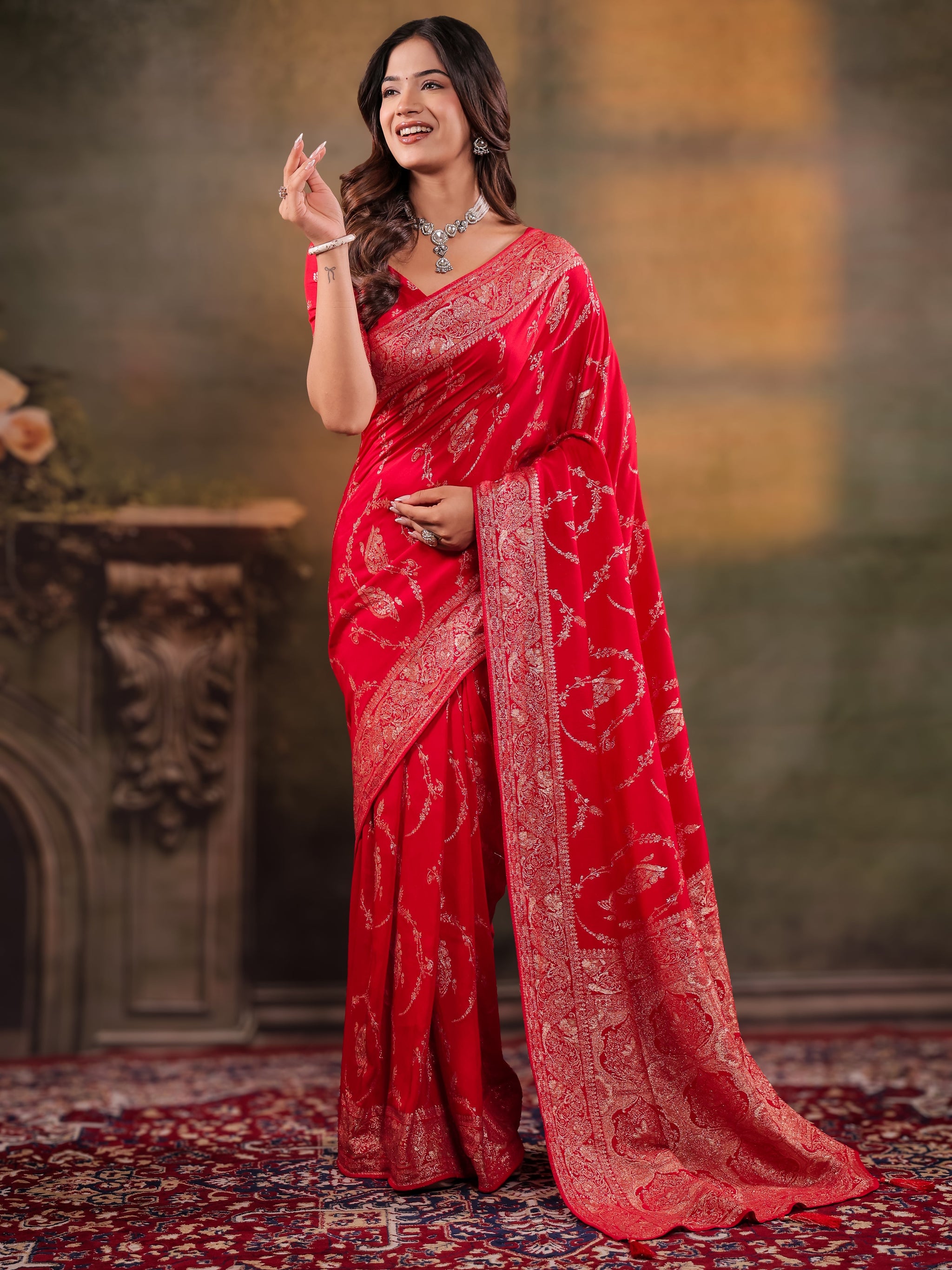 Red Nylon Viscose Pure Saree with Rich Woven Floral Butti Design, Traditional Designer Border, Grand Woven Pallu & Tassel Edges