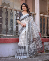 Elegant White Linen Saree with White Lotus Print & Silver Zari Border