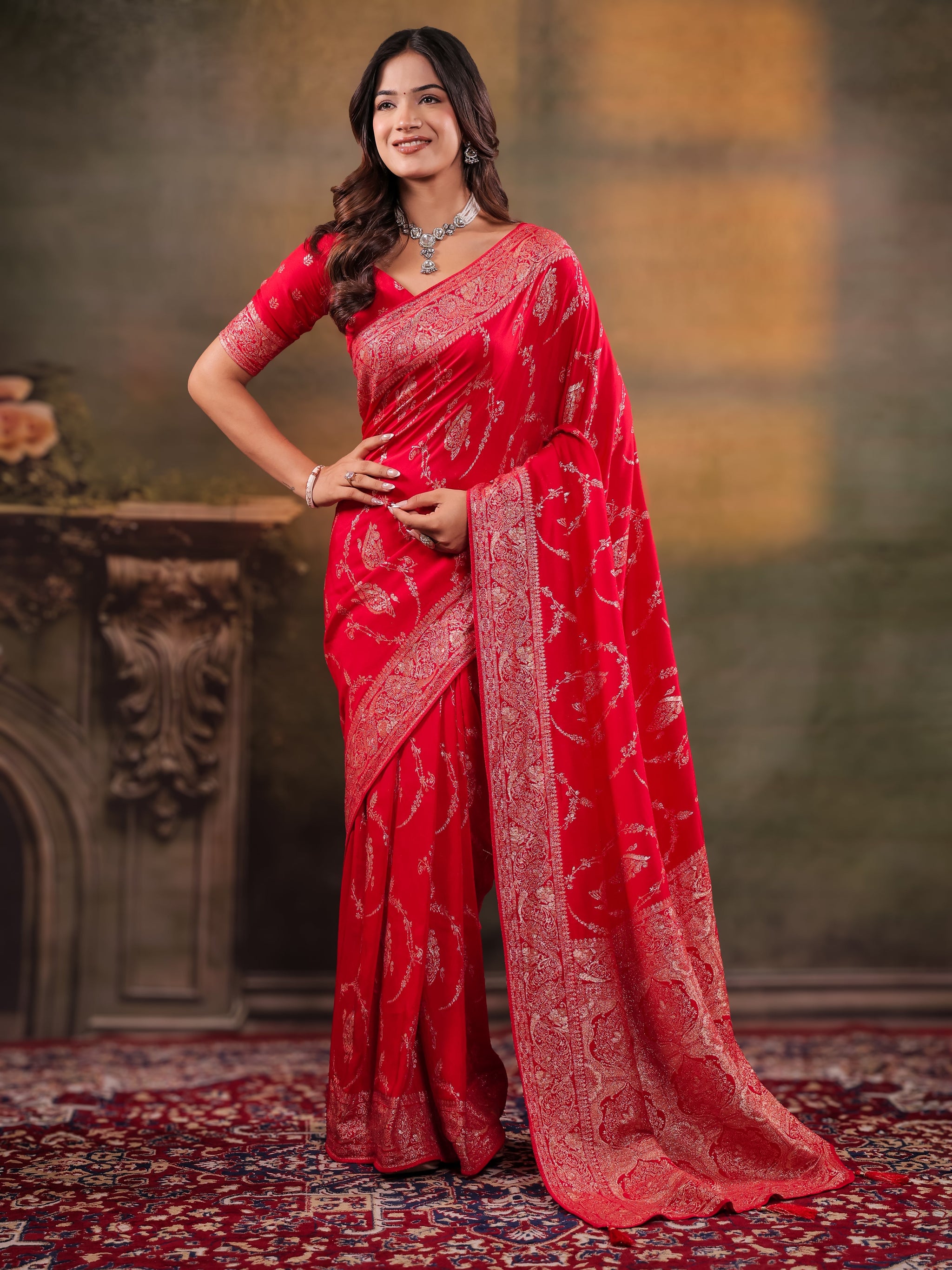 Red Nylon Viscose Pure Saree with Rich Woven Floral Butti Design, Traditional Designer Border, Grand Woven Pallu & Tassel Edges