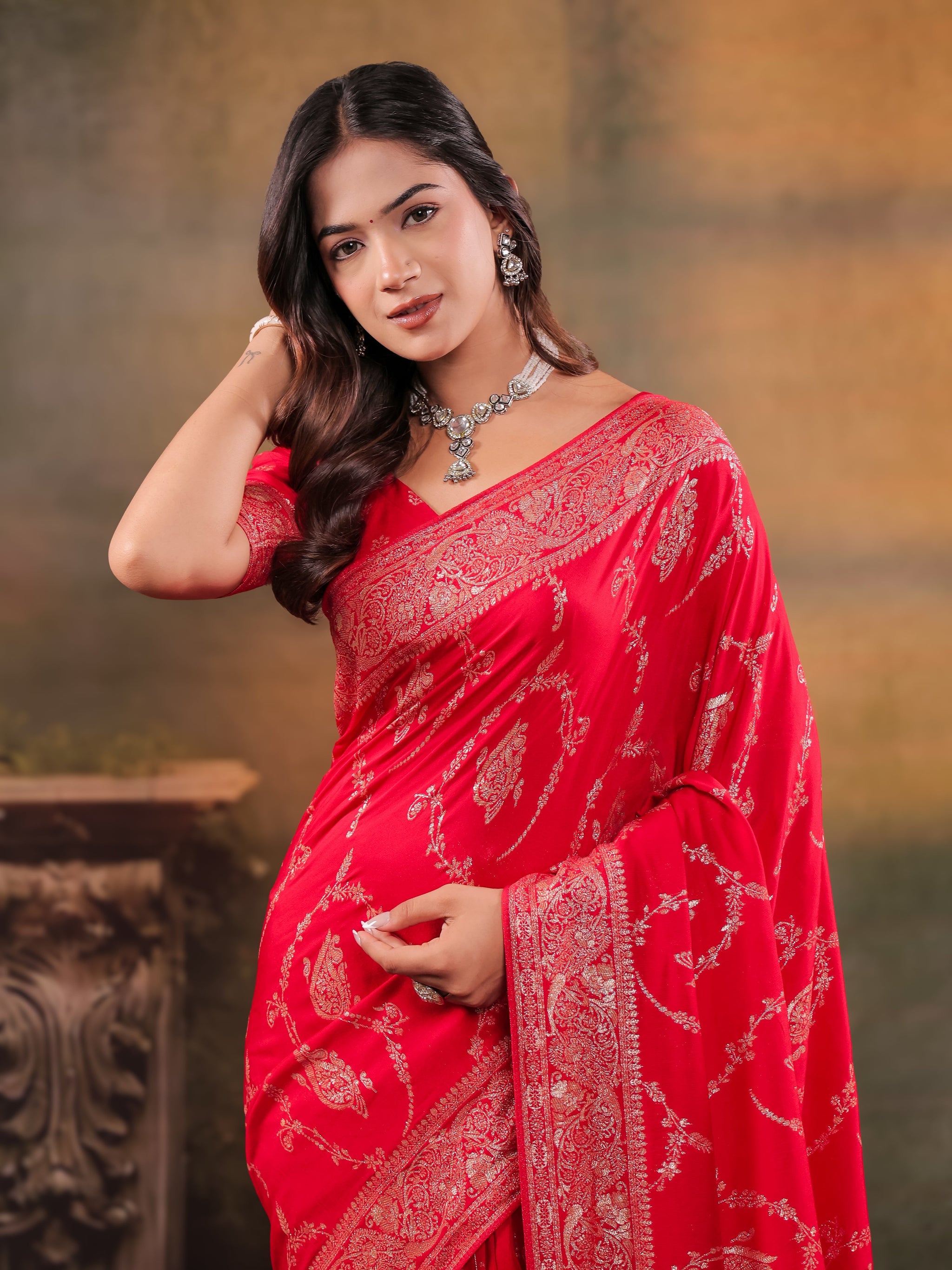 Red Nylon Viscose Pure Saree with Rich Woven Floral Butti Design, Traditional Designer Border, Grand Woven Pallu & Tassel Edges