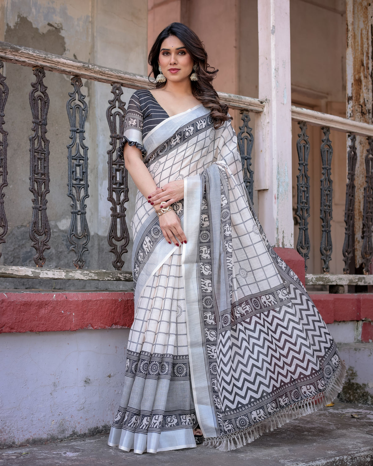 Elegant multicolor linen saree with traditional patterns lightweight festive wear mameraa