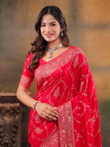 Red Nylon Viscose Pure Saree with Rich Woven Floral Butti Design, Traditional Designer Border, Grand Woven Pallu & Tassel Edges