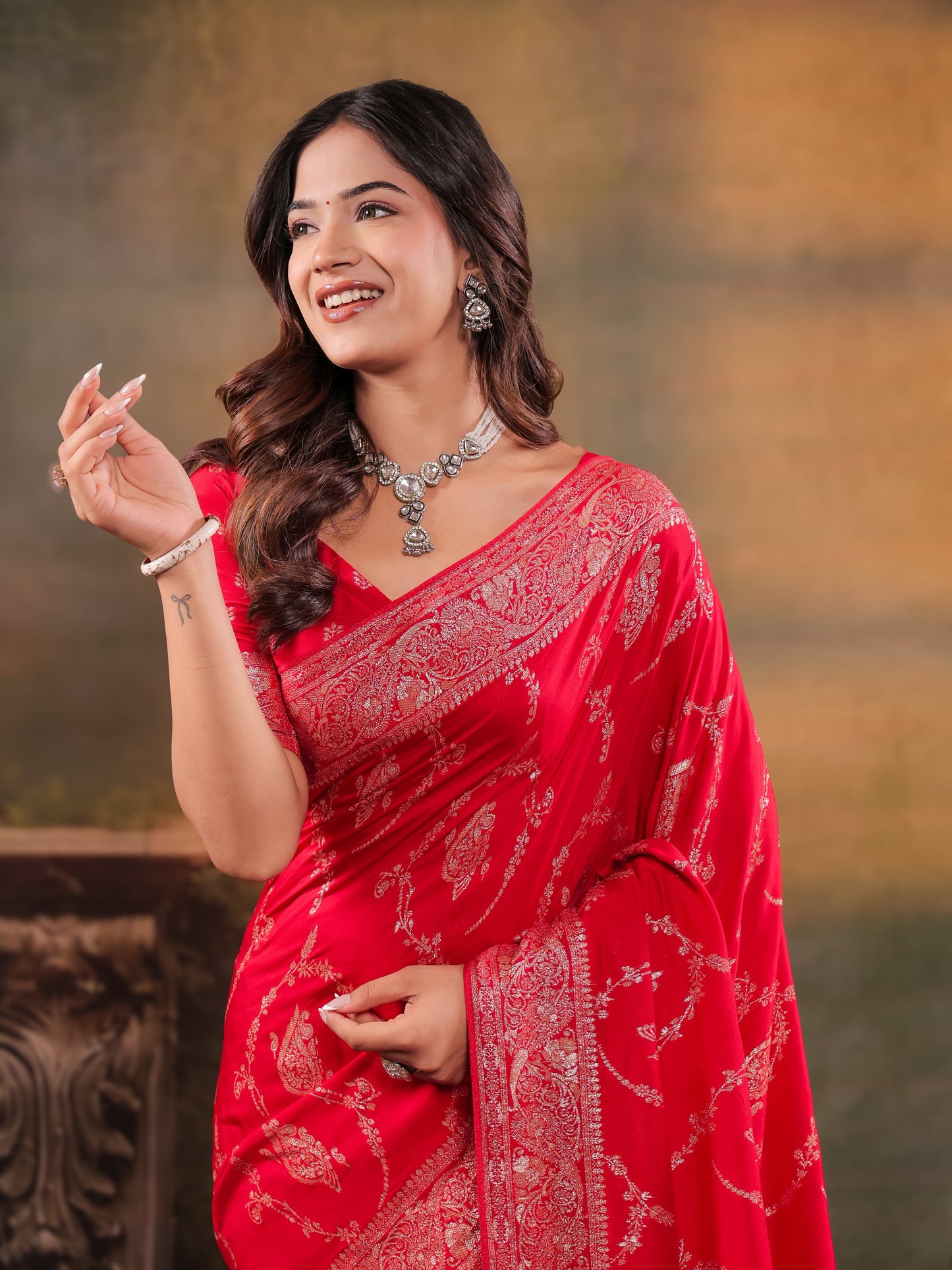 Red Nylon Viscose Pure Saree with Rich Woven Floral Butti Design, Traditional Designer Border, Grand Woven Pallu & Tassel Edges