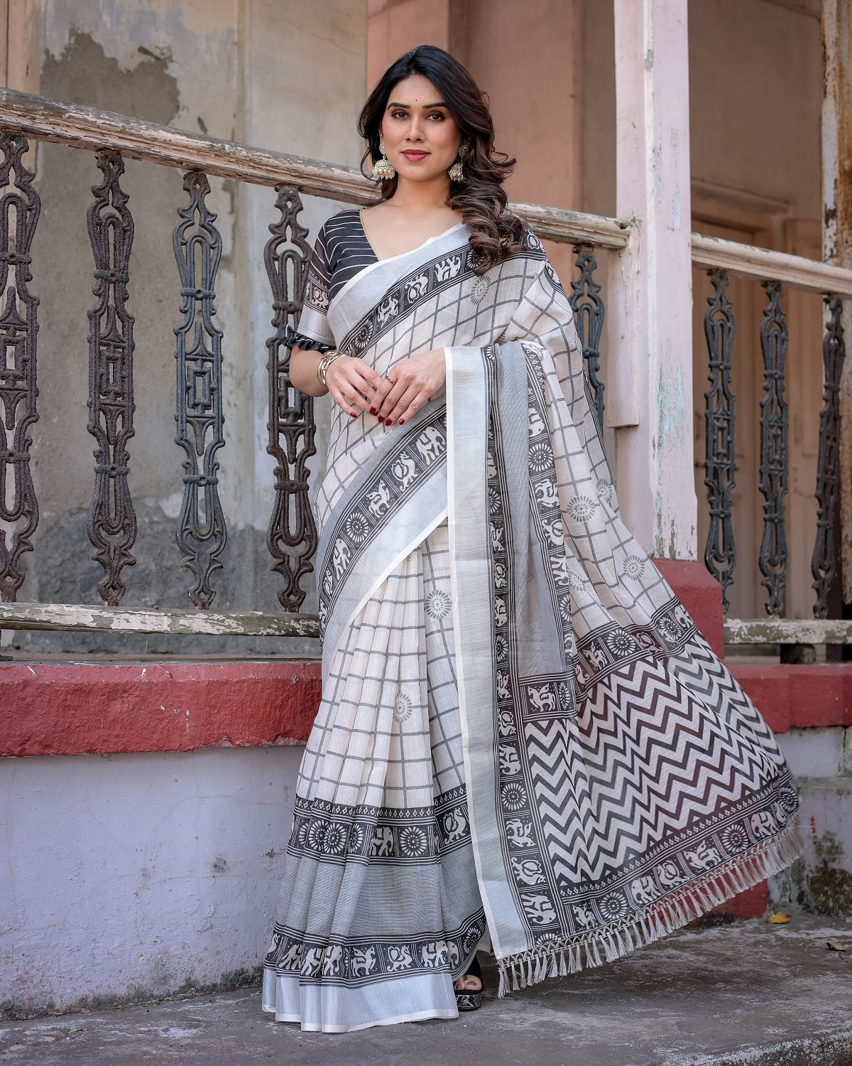 Elegant White Linen Saree with White Lotus Print & Silver Zari Border
