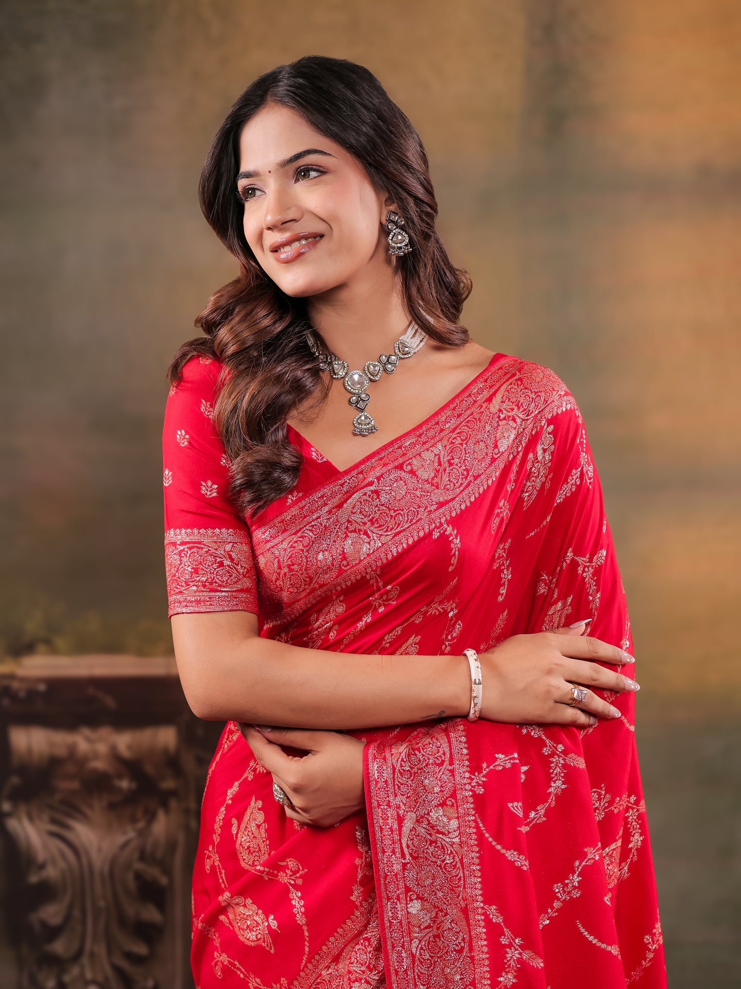 Red Nylon Viscose Pure Saree with Rich Woven Floral Butti Design, Traditional Designer Border, Grand Woven Pallu & Tassel Edges