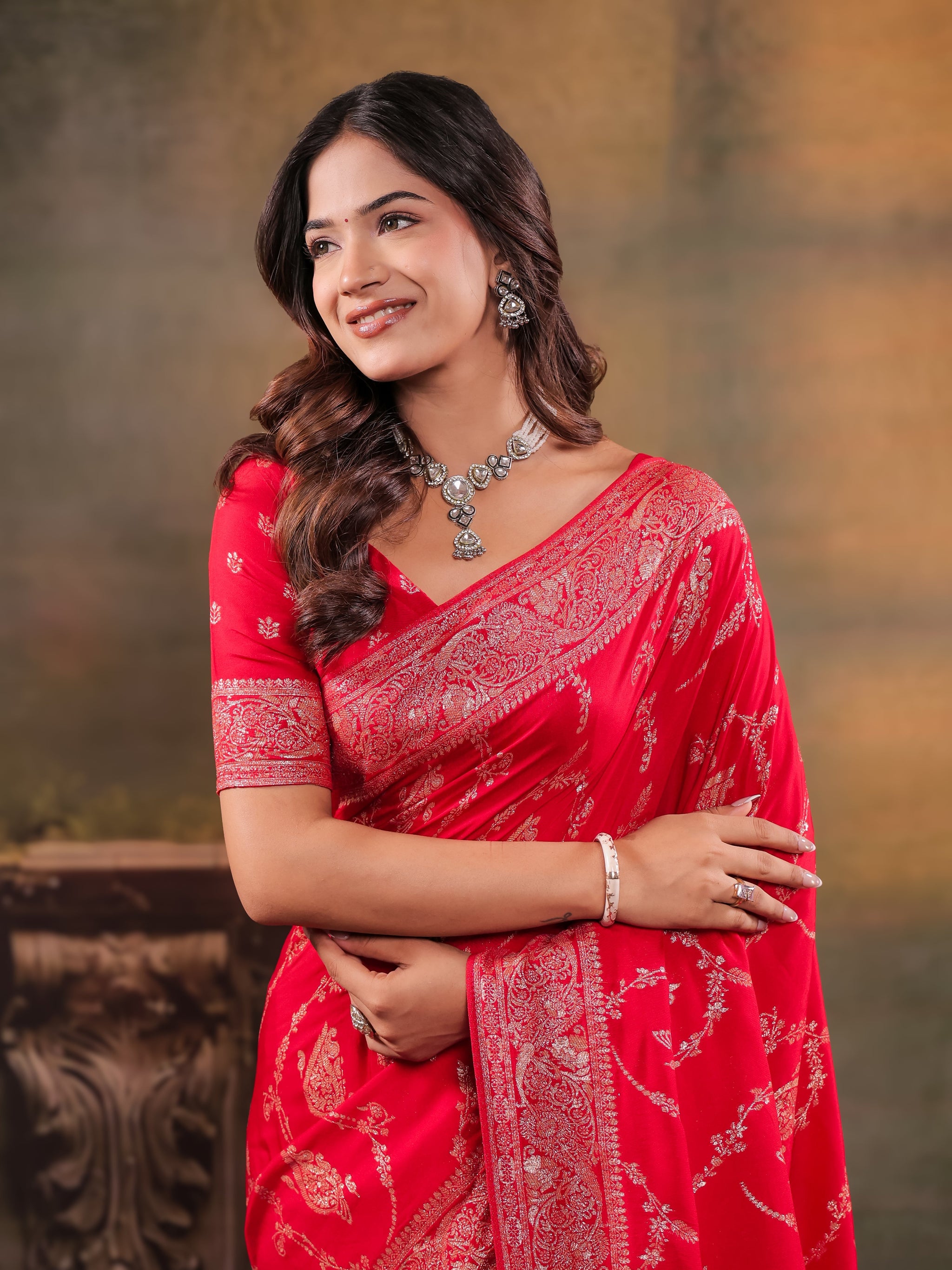 Red Nylon Viscose Pure Saree with Rich Woven Floral Butti Design, Traditional Designer Border, Grand Woven Pallu & Tassel Edges