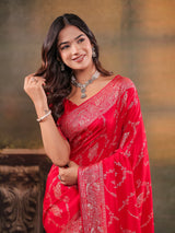 Red Nylon Viscose Pure Saree with Rich Woven Floral Butti Design, Traditional Designer Border, Grand Woven Pallu & Tassel Edges