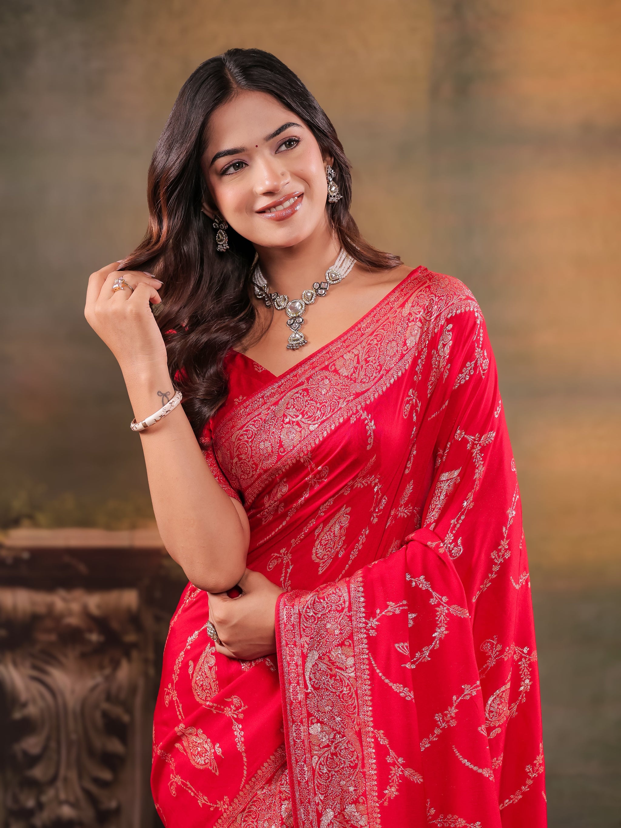 Red Nylon Viscose Pure Saree with Rich Woven Floral Butti Design, Traditional Designer Border, Grand Woven Pallu & Tassel Edges
